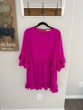 Bright Fuchsia Ruffle-Sleeve Midi Dress
